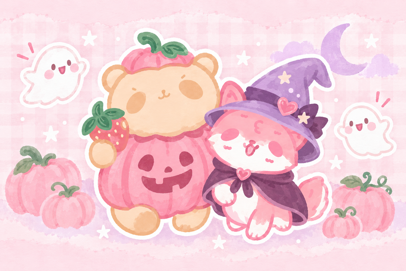 Strawberry Bear in a pink pumpkin costume and Pink Corgi in a lilac witch hat, with smiling ghosts and pink pumpkins